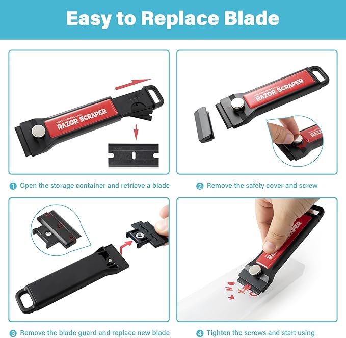 Gomake Plastic Razor Blade Scraper Tool with Blade Container 2PCS Razor Scraper with Extra 100PCS Plastic Blades for Adhesive Labels and Decals Sticker Removal on Car Window Glass Floor (W80)