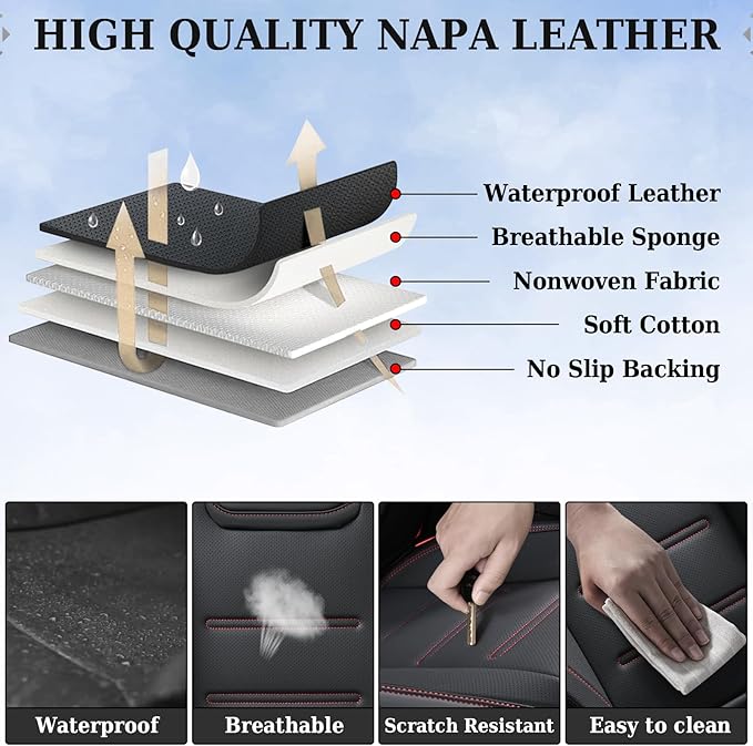 Coverado Car Seat Covers Full Set, Seat Covers for Cars, Car Seat Protector Waterproof, Leather Cushion, Universal Car Interior Covers Seat Protectors for Most Cars Black-Redline
