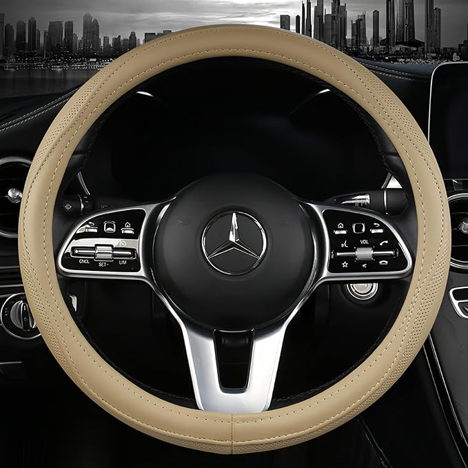 Cowhide Steering Wheel Cover Heat Resistant Anti-Slip Car Wheel Wrap Compatible with Most Makes and Models of Cars and Trucks with 14.5 to 15 Inch Steering Wheel