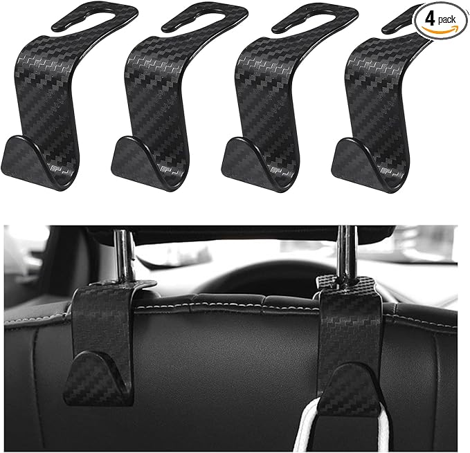 4 PCS Car Seat Headrest Hooks, Auto Seat Hook Hangers Storage Organizer, Back Seat Hanger for Car Handbag Clothes Coats Grocery Bags, Universal Interior Car Accessories (Carbon Fiber)