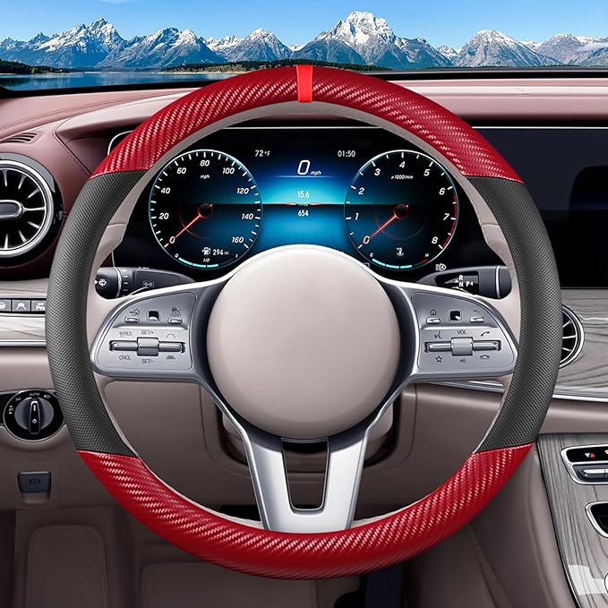 Black & Red Carbon Fiber Leather Steering Wheel Cover, Microfiber Leather, Anti-Slip, Breathable, Universal Fit for 14.5–15 in Steering Wheel Cover for Men Women