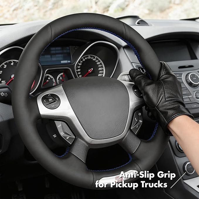 MEWANT Hand Stitch Steering Wheel Cover Fit for Ford Focus ST 2013 2014 Custom DIY Hand Sewn Black Genuine Leather Steering Wheel Wrap Interior Accessories
