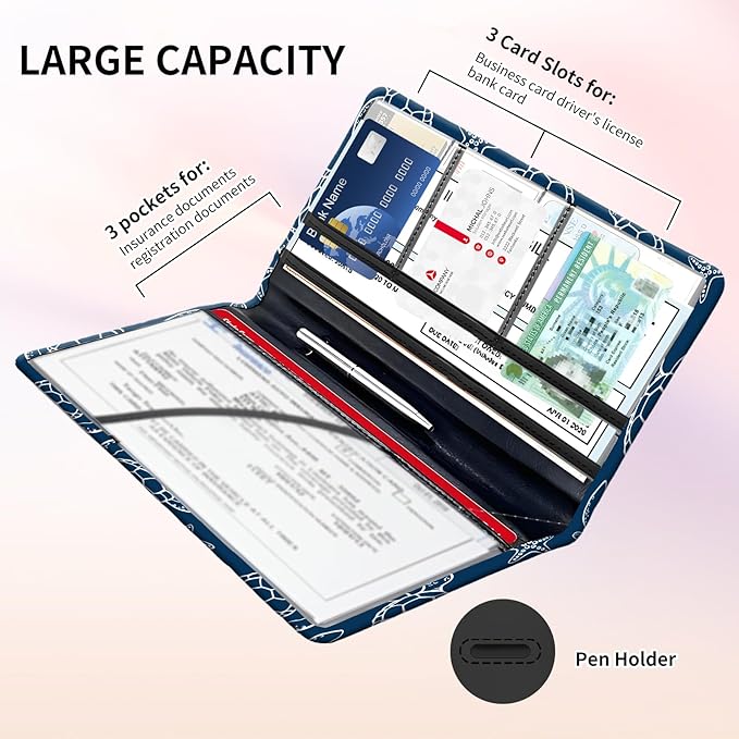 BAUCIWLD Premium Car Registration and Insurance Card Holder, Cute PU Leather Car Document Holder, Vehicle Glove Box Car Organizer with Magnetic Closure for Driver License, Cards Navy Turtle Starfish