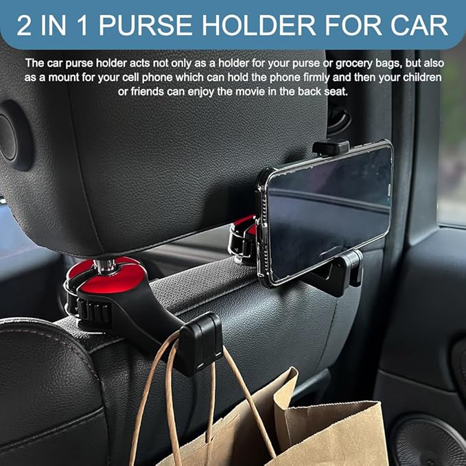 2PCS Car Headrest Hidden Hook, Bag Holder for Car, 2 in 1 Auto Seat Hooks with Phone Holder, 360° Rotation Adjustable Vehicle Back Seat Storage Hanger for Purses and Bags (Red)