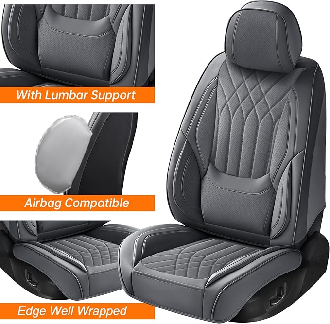 GEZHOUBA Full Coverage Car Seat Covers Full Set Waterproof, Luxury Leather Automotive Seat Covers Car Seat Protector, Front & Rear Seats Cover Sets Universal Fit for Most Vehicles Sedans SUVs, Gray