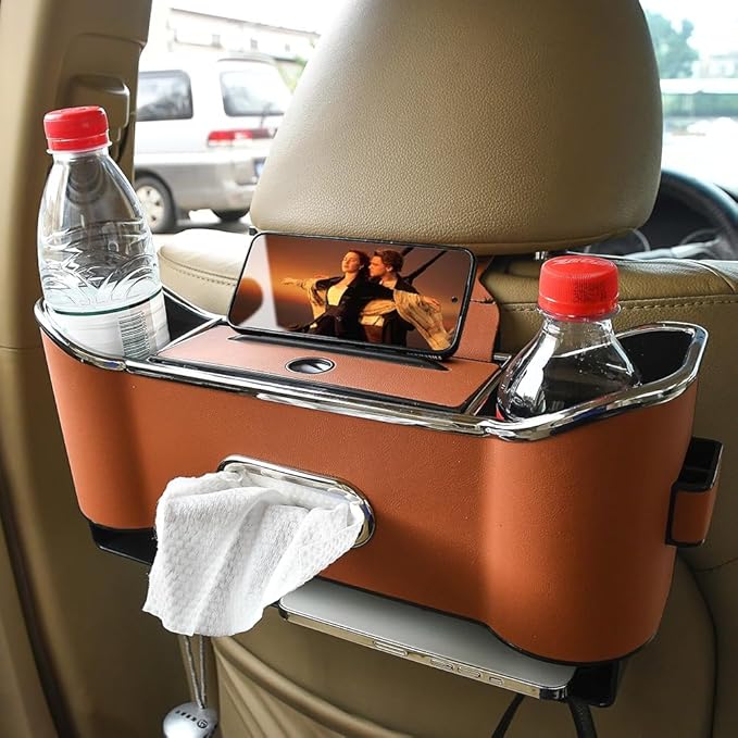 Backseat Car Organizer with Cup Holder, Multifunctional Headrest Storage Organizer for Cars, SUVs, Trucks, with Tissue Box, Drink Cup Holder & Handbag Hook (Orange)