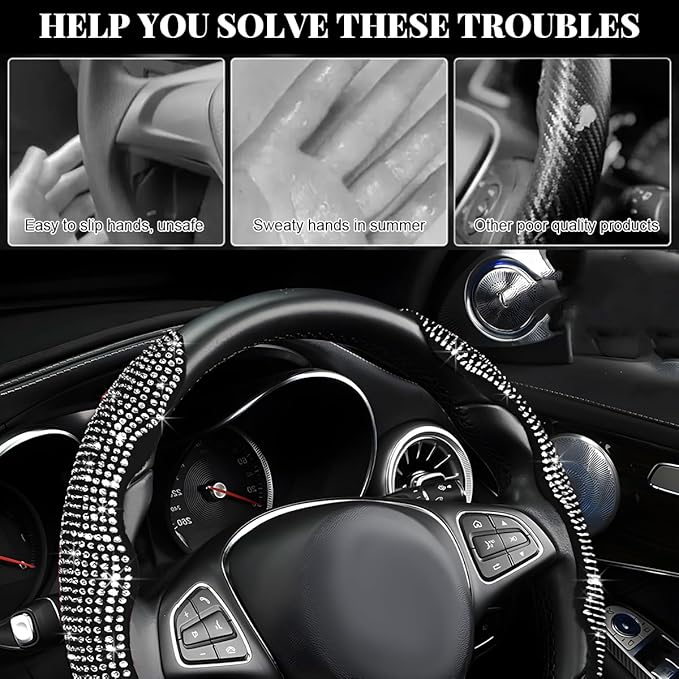 2 PCS Steering Wheel Cover, Segmented Car Wheel Covers with Crystal Rhinestones, Non-Slip Protector Bling Sparkly Decoration for Most Steering Wheels, Car Accessories (White)