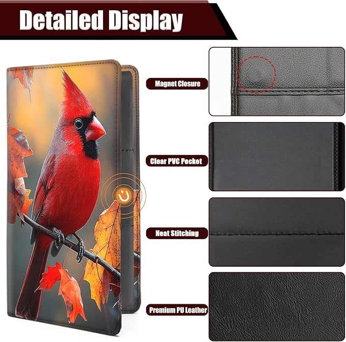 Car Document Holder with Magnetic Shut, Car Registration and Insurance Card Holder, Vehicle Glove Box Organizer Documents, Driver License Auto Paperwork Organizer Wallet,Red Cardinal In Fallen Leaves