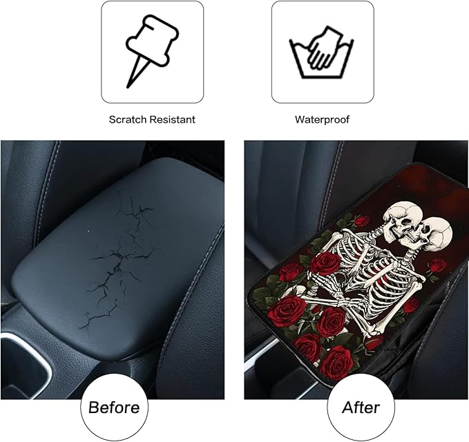 JANENFNA Car Armrest Cover Pads Universal Fashion Cute Auto Center Console Armrest Cover Pad with 2PCS Car Coasters Soft Waterproof Car Armrest Seat Protector for Women,Skulls Roses