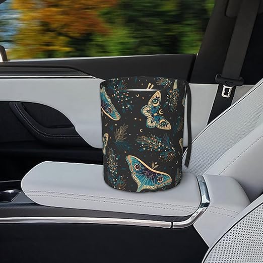 KXWQTRDD Car Garbage Bag Boho Butterflies Stars Mini Car Trash Bin Portable Collapsible Waterproof Rubbish Bag for Car Accessories Back Front Seat Cup Holder