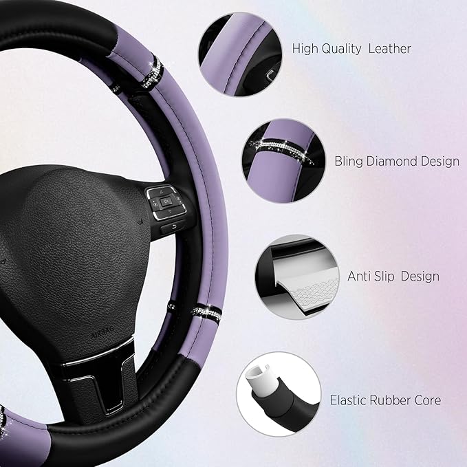 Road Comfort Leather Steering Wheel Cover – Premium Anti-Slip Car Steering Wheel Grip Cover – Universal Fit for 14.5”–15.5” Cars, Trucks & SUVs - Purple