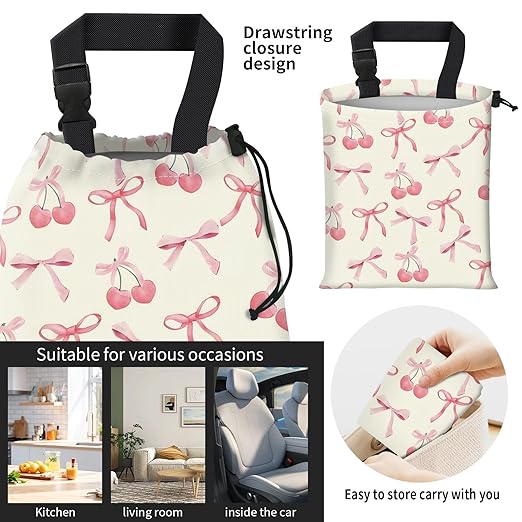 AFYEWKC Car Trash Bag Large Hanging Can for Back of Seat, Cute Waterproof Car Garbage Bag for Vehicle, Travelling, Outdoor Cute Pink Cherry Bow