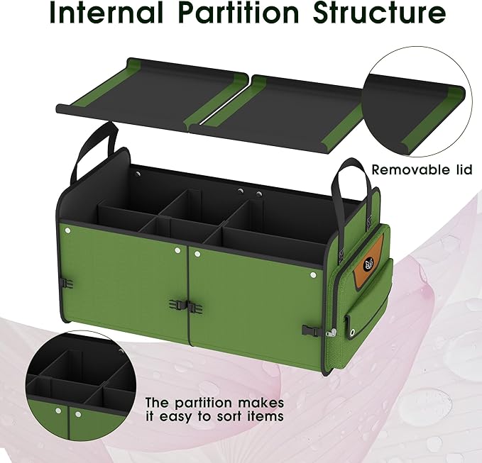 SugarFox Car Trunk Organizer for SUV, 70L Heavy Duty Waterproof Trunk Organizer, Foldable Vehicle Organizer with Anti-Slip Base, 24”x13.8”x11.8”, GREEN-M003
