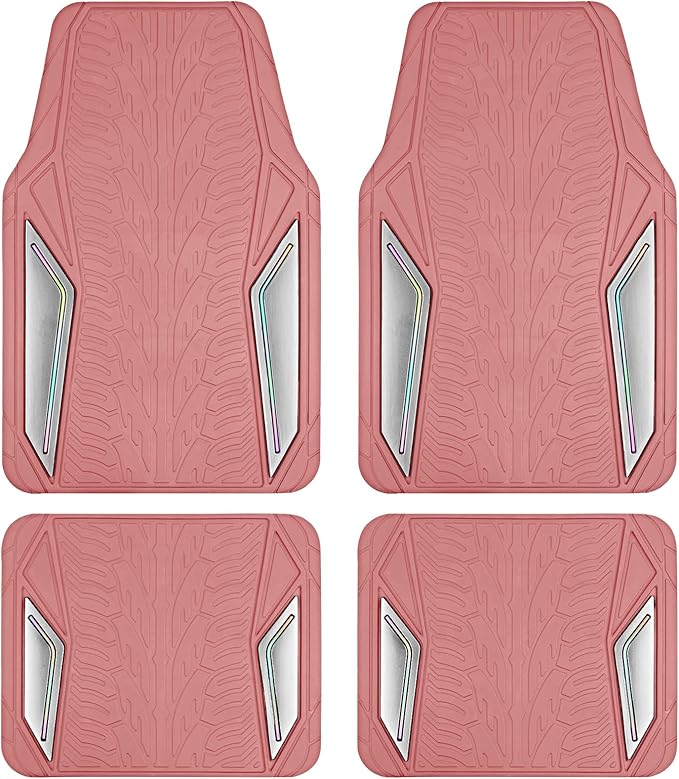 PIC AUTO Pink Rubber Floor Mats, Silver Aluminum Film with Colorful Piping Floor Mats for Cars, Car Mats with Non-Slip Backing, All-Weather, Trim-to-Fit Liner for Cars, SUVs, Trucks, Vehicles