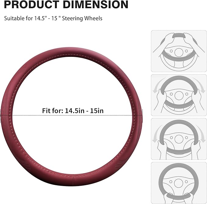 【2025 Model】 Breathable Soft Leather Car Steering Wheel Cover for Men Women, Non-Slip, Comfortable,Universal 15 inches Steering Wheels, Red