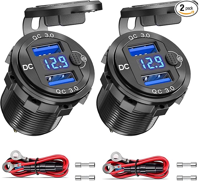 12V USB Outlet 2 Pack, Dual Quick Charge 3.0, Socket Waterproof Aluminum Charger with LED Voltmeter and Power Switch, Adapter for Marine Motorcycle Truck Golf Cart RV, Car etc.