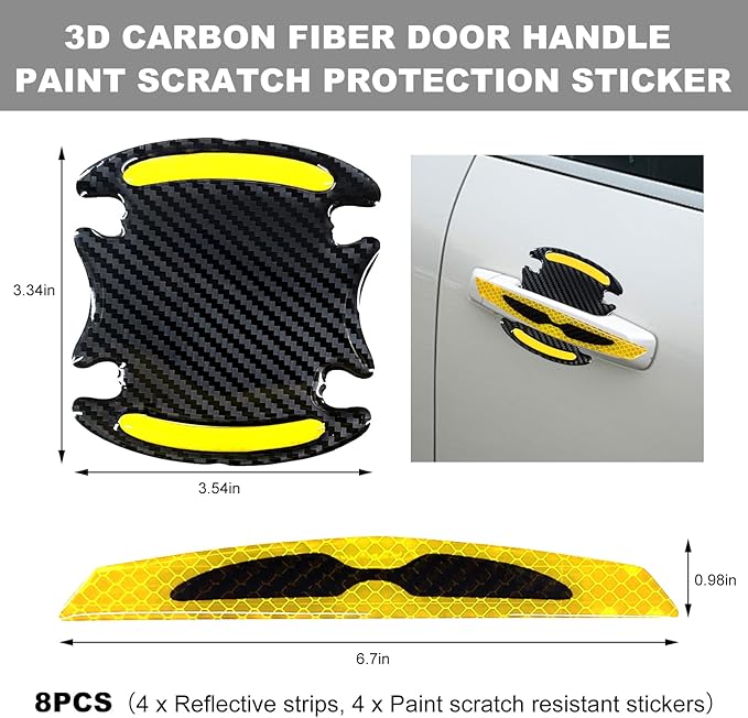 8PCS Car Door Handle Scratch Protector, 3D Carbon Fiber Reflective Sticker, Universal Auto Door Handle Scratch Paint Guard Night Visible Strip (Yellow)