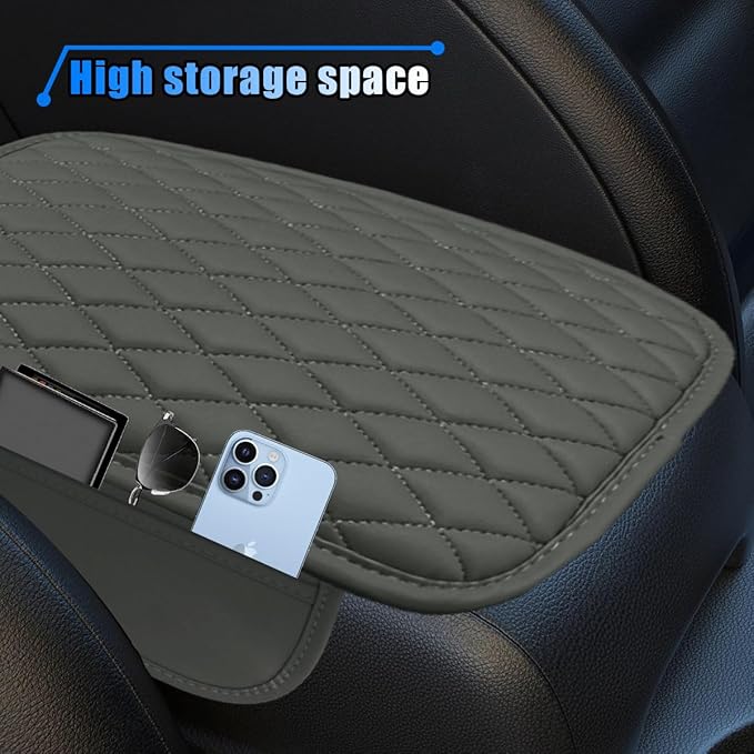 Car Center Console Cover, Car Armrest Cover Cushion, Leather Support Pad with 2 Storage Bags, Universal Interior Decorative Accessory for Most Vehicles, SUVs, Trucks, RVs (Gray)