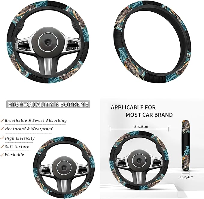Blue Sea Turtle Steering Wheel Cover Sets Flower Print Car Accessories Handbrake Cover Cup Coaster Car Interiors Decor for Men Women 6pcs