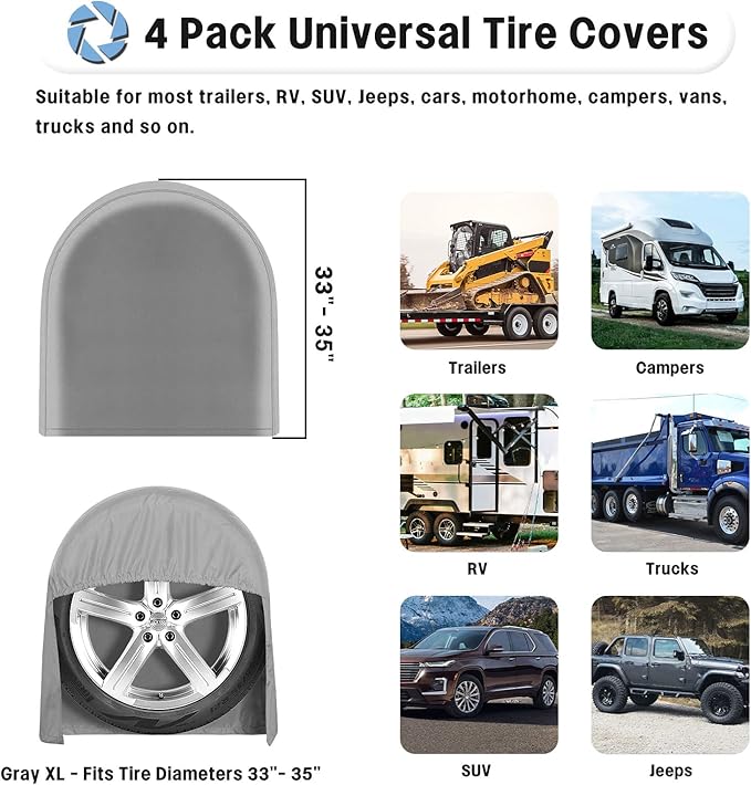 OutdoorLines Outdoor Waterproof Tire Covers Set of 4 - UV-Proof Trailer Wheel Cover Windproof Tire Protector for RV Jeep Trailers Camper Van Truck, Universal Tire Covering Fits Diameters 33"-35", Gray