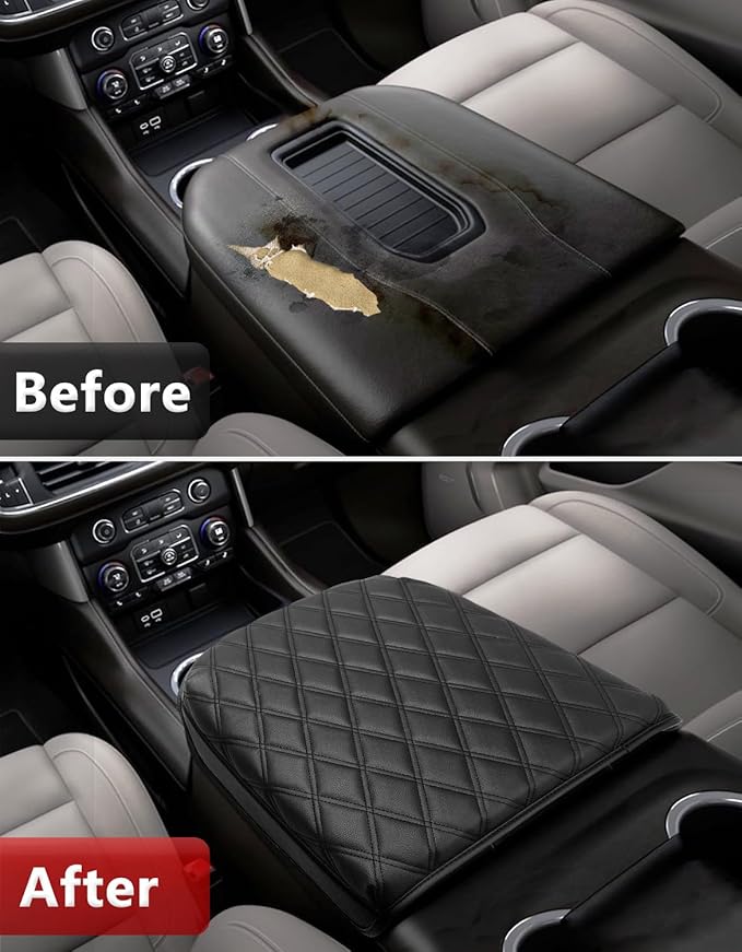 KBH Center Console Armrest Cover for Chevy Silverado & GMC Sierra 2019-2026, Tahoe & Suburban & Yukon 2021-2026, Vinyl Leather Trim, Bucket Seat, Black-Double Stitch