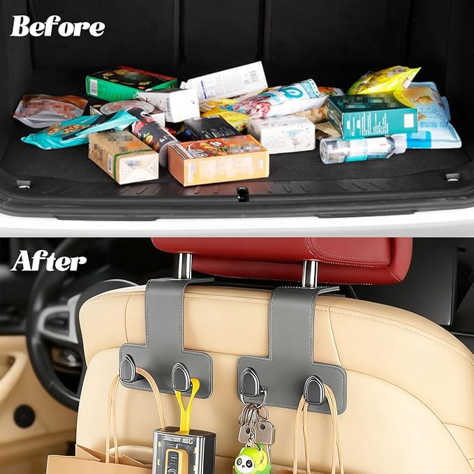 2PCS Car Headrest Hook, Dual Hook Leather Vehicle Back Seat Storage Organizer for Handbag Purse Hat, Multifunction Automotive Seat Back Hanger Holder, Universal for Most Vehicles (Dark Gray)
