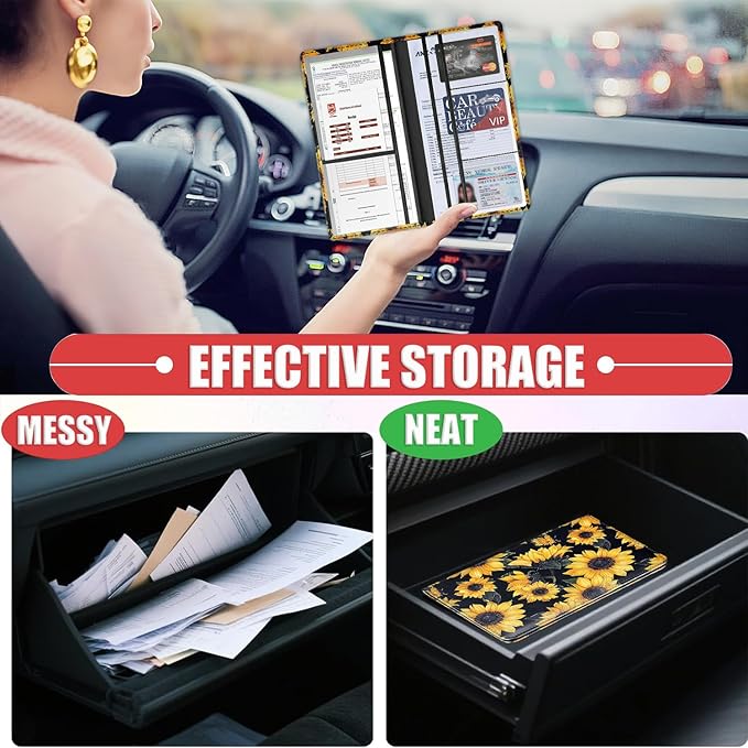 Car Registration and Insurance Card Holder for Women Men, Waterproof PU Leather Glove Box Car Organizer with Magnetic Shut, Vehicle Document Holder for Driver License,Cards, Sunflower Pattern