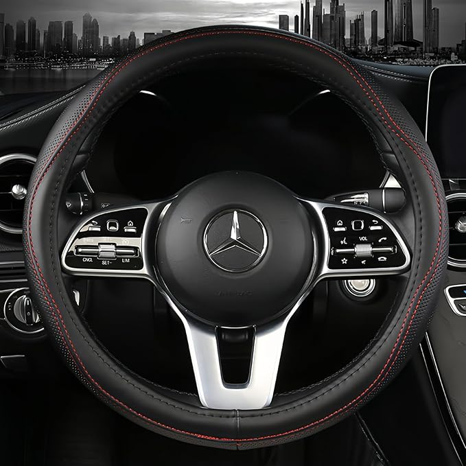 AEVEA Genuine Leather Steering Wheel Cover, Black Real Cowhide for 14.5-15 Inch Steering Wheels, Universal Fit for Cars and Trucks (BlackRed)