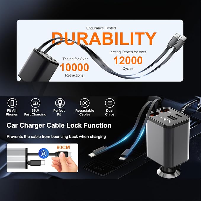 OneFish Starlight Fast Car Charger, 4 in 1 Cigarette Lighter Chargers with USB Type C Ports Retractable Cord Display, for iPhone 17 16 15 14 Pro Max Plus/iPad, Car Truck Essentials Gift for Women Men