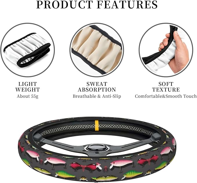Fishing Lure Universal Fit Steering Wheel Cover for Car, Truck, and SUV, Durable Steering Wheel Protection