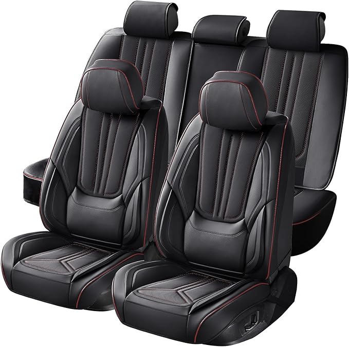 SCDOOCA Car Seat Covers Full Set, Luxury Leather Car Seat Covers, Waterproof and Breathable Seat Covers, Universal Car Seat Protector Fit for Cars, Trucks, SUVs, Pick-ups (Black&Red line, FullSet)