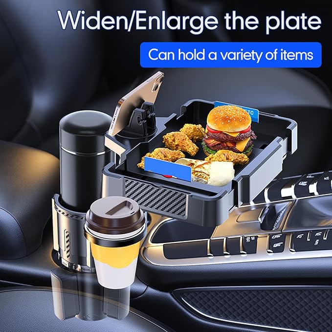 Car Cup Holder Tray, 10 Inch 4-in-1 Cup Holder Tray, 360° Rotating Drink Holder Expander with Detachable Food Tray & Phone Holder, Road Trip Essentials