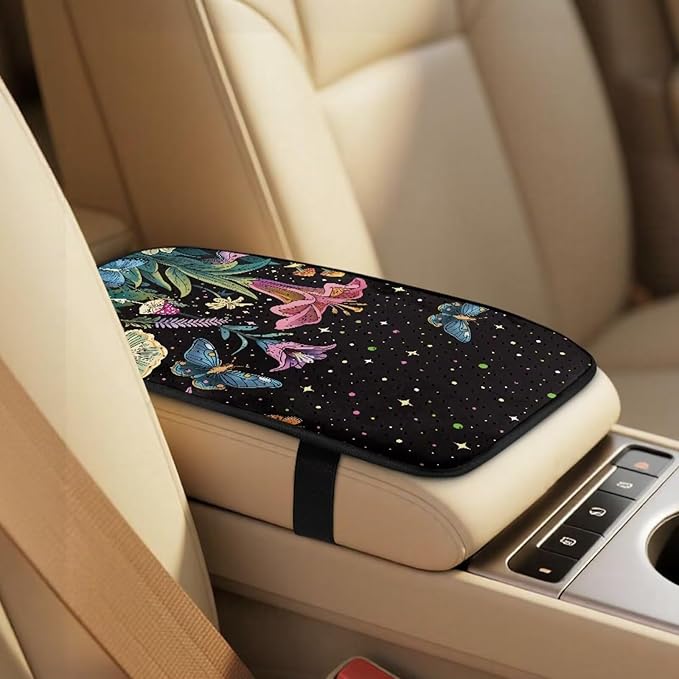 Psesaysky Anti-Scratch Leather Car Interior Set: Mushroom Butterfly Floral 2 Front Seat Covers + 2 Seat Belt Protectors + 1 Armrest Pad Compatible with Most Vehicles