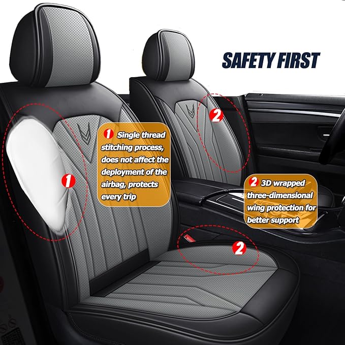 Car Seat Covers Full Set 3D Foam Back Support, 2 Front Seats Universal Fit for Most Cars, Nappa Leather Car Seat Cushion Super Breathable, Storage Bags, All Season, Black Ash Car Seat Cover