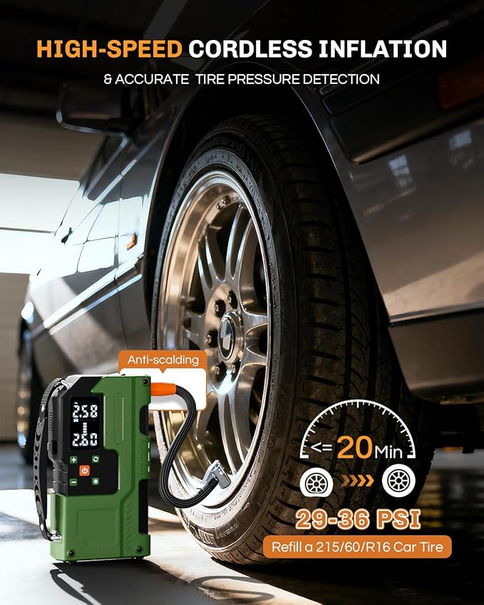 WELLLUCK Jump Starter with Air Compressor, 6000A Car Battery Jump Starter Portable (All Gas/10L Diesel) with 150PSI Auto-Shutoff Tire Inflator, 12V Charger Booster, LED Light