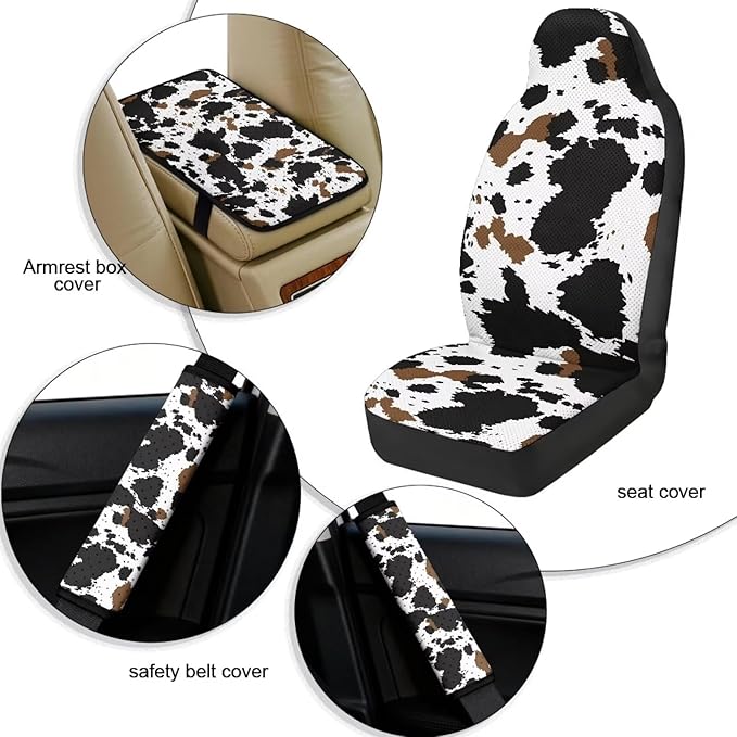 Oramclsy Cow PU Breathable Car Seat Covers Full Set with Armrest Pad PU Breathable Seat Belt Cover 5 Pack Set Accessories Universal SUV Truck