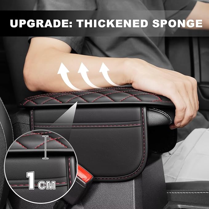 Upgraded Car Center Console Cover Fit for bZ4X Faux Leather Car Armrest Cover Cushion with 2 Storage Bags,Car Armrest Storage Box Interior Accessories(Black&Redline)