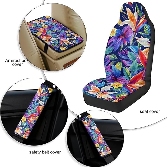 FUSURIRE 5 Pieces Colorful Hibiscus Flowers Car Accessories Set PU Front Seat Covers, Seat Belt Covers & Center Armrest Pad,Universal for Car,SUVs,Van,Small Trucks
