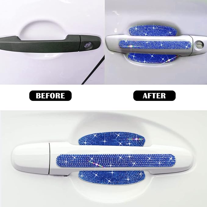 kingsea 8pcs Bling Car Door Handle Protector Stickers,Crystal Rhinestone Glitter Car Door Handles Cup Scratch Protectors Decals Universal (Blue)