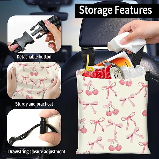 AFYEWKC Car Trash Bag Large Hanging Can for Back of Seat, Cute Waterproof Car Garbage Bag for Vehicle, Travelling, Outdoor Cute Pink Cherry Bow