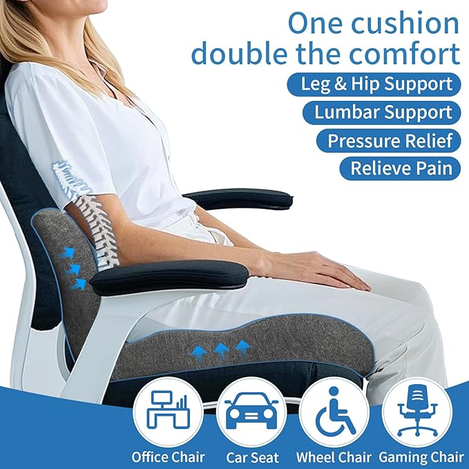 XZdream Memory Foam Seat Cushion,Office Chair Cushion with Lumbar Support for Back Pressure Relief, Car Seat Cushion with Adjustable Strap,Sciatica Pad Cushions for Car,Truck, Desk,Gaming Chair