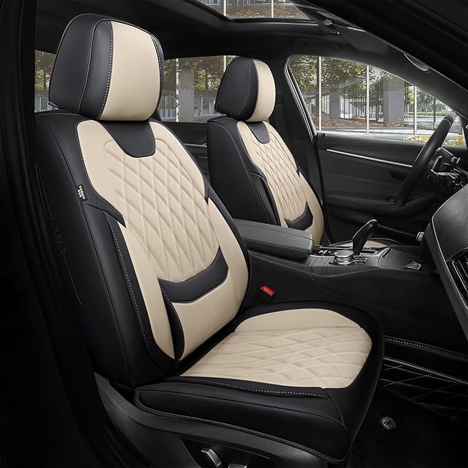 FREESOO Front Car Seat Covers - Luxury Breathable Waterproof Faux Leather Car Seat Cushion Protectors with Lumbar Support, Universal Fit for Most 5 Seats Vehicles Sedans Hatchbacks Trucks, Black Beige