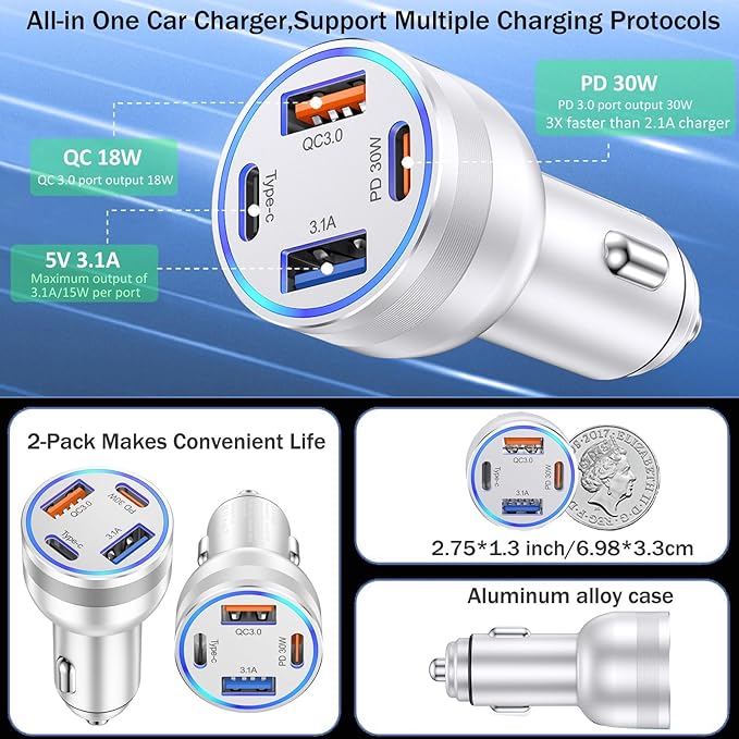 [2-Pack] Car Charger USB C, 4 in 1 65W Fast Charging 4-Port Dual USBC & USB A Car Phone Charger Cargador Carro Lighter Adapter for iPhone 17 16 15 14 13 12 Pro Max, iPad, Samsung,Tablet, Android