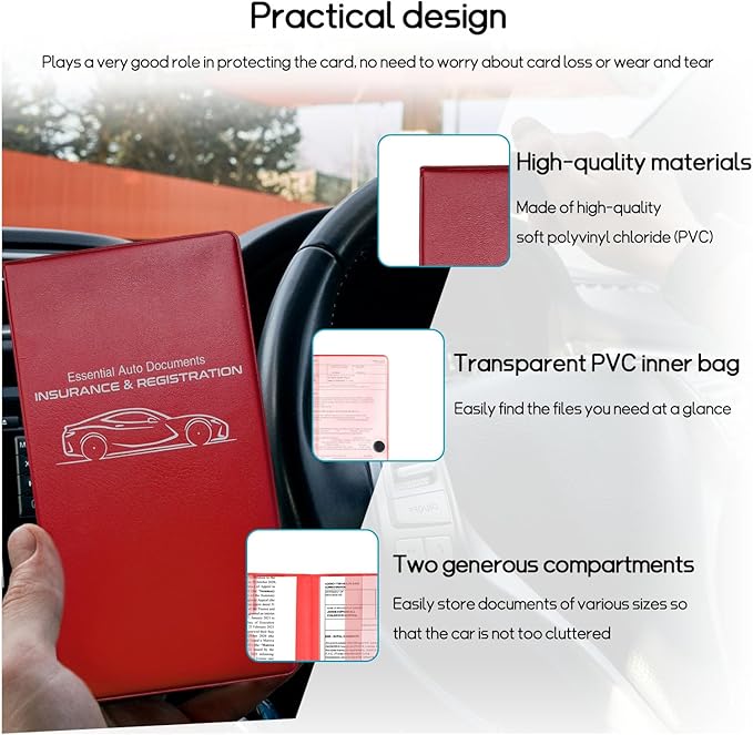 Car Registration and Insurance Holder, 10.39''×9.56'' Essential Auto Card Document Glove Box Organizer with Closure, Car Interior Accessories (Red, Small Car)