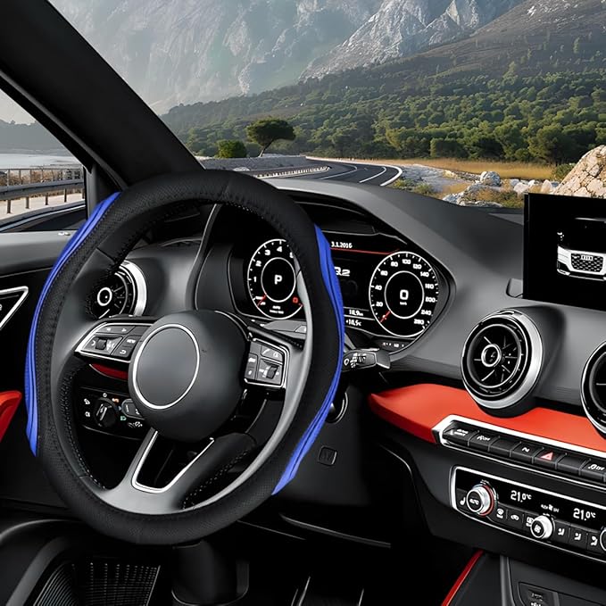 15 Inch Car Leather Steering Wheel Cover, Automotive Accessories Elastic Breathable Anti-Slip Soft Wheel Protector Fits Men and Women, Suitable for SUVs, Trucks, Vehicles and RVs (Black/Blue)