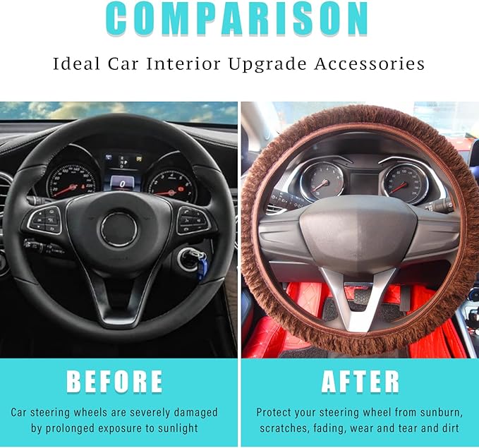 Ziciner Elastic Fuzzy Steering Wheel Cover, 15'' Soft Steering Wheel Protector for Warm Winter, Anti-Slip Fluffy Car Wheel Covers, Universal Car Interior Decor Accessories for Women Men (Coffee)