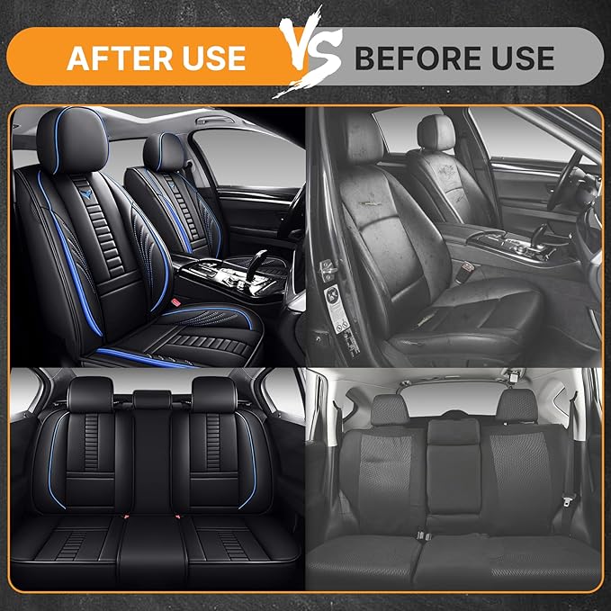 Pengchen Waterproof 5 Car Seat Covers for Honda Accord Crosstour 2010-2011, Premium Faux Leather Automotive Front and Back Seat Protectors Compatible with Airbag Black & Blue Line