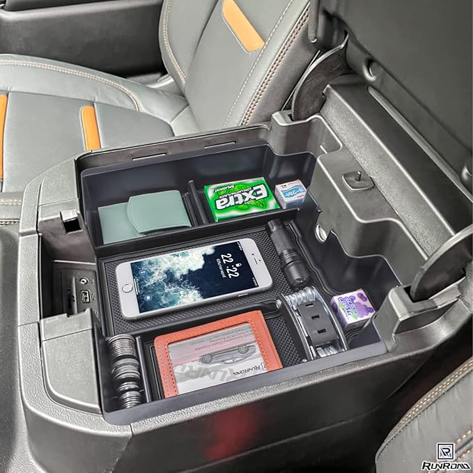 RUNROAD Center Console Organizer Tray Compatible with 2019-2022 Chevy Silverado 1500/GMC Sierra 1500 and 20-23 Silverado/Sierra 2500HD/3500HD Accessories, Full Console with Bucket Seats ONLY, Black