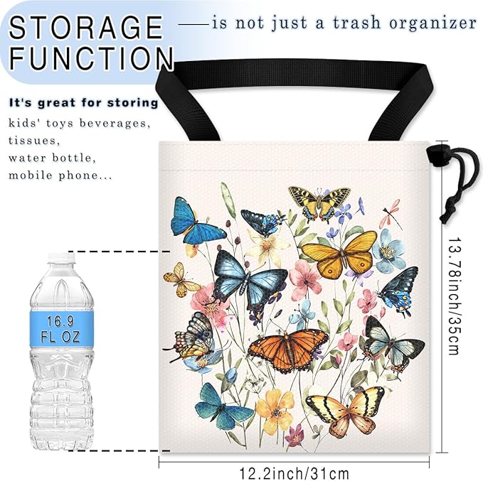 GEGEPINK Car Trash Bag Hanging Back of Seat Waterproof Small Cute Printed One-Handed Strap Drawstring Garbage Bags for Car-Butterfly Wildflower