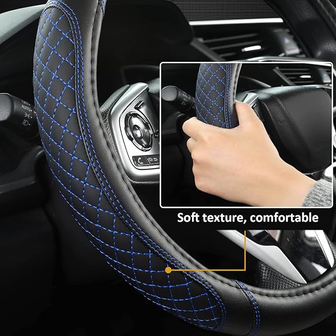 West Llama Customized Auto Car Steering Wheel Cover for Chevy Silverado,Tahoe,Equinox,Traverse,Trailblazer,Colorado (Diamond Quilted-Black+Blue-Standard Size)